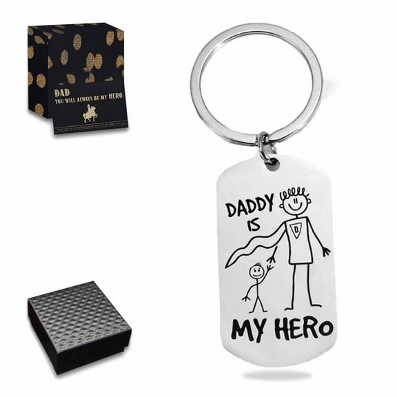 Father’s Day Gifts from Son Daughter Children Keychain Gifts with Elliptical Tag Keyring Birthday Christmas Gifts for Papa Daddy - DADDY IS MY HERO Silver