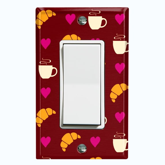 Metal Light Switch Wall Plate Outlet Cover (Coffee Espresso Mocha Cup Heart Croissant Love Pattern Brown - Single Rocker)