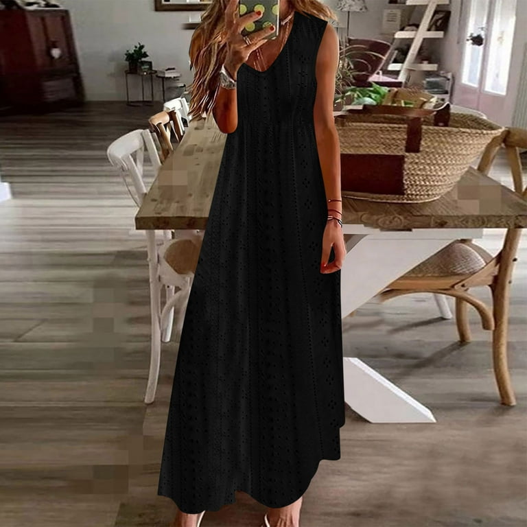 Ecqkame Women Casual Holiday Style Slip Dress Hollow Out Solid Color Loose Maxi  Dress Sleeveless V-Neck Camisole Dress 02-Black XL - Walmart.com