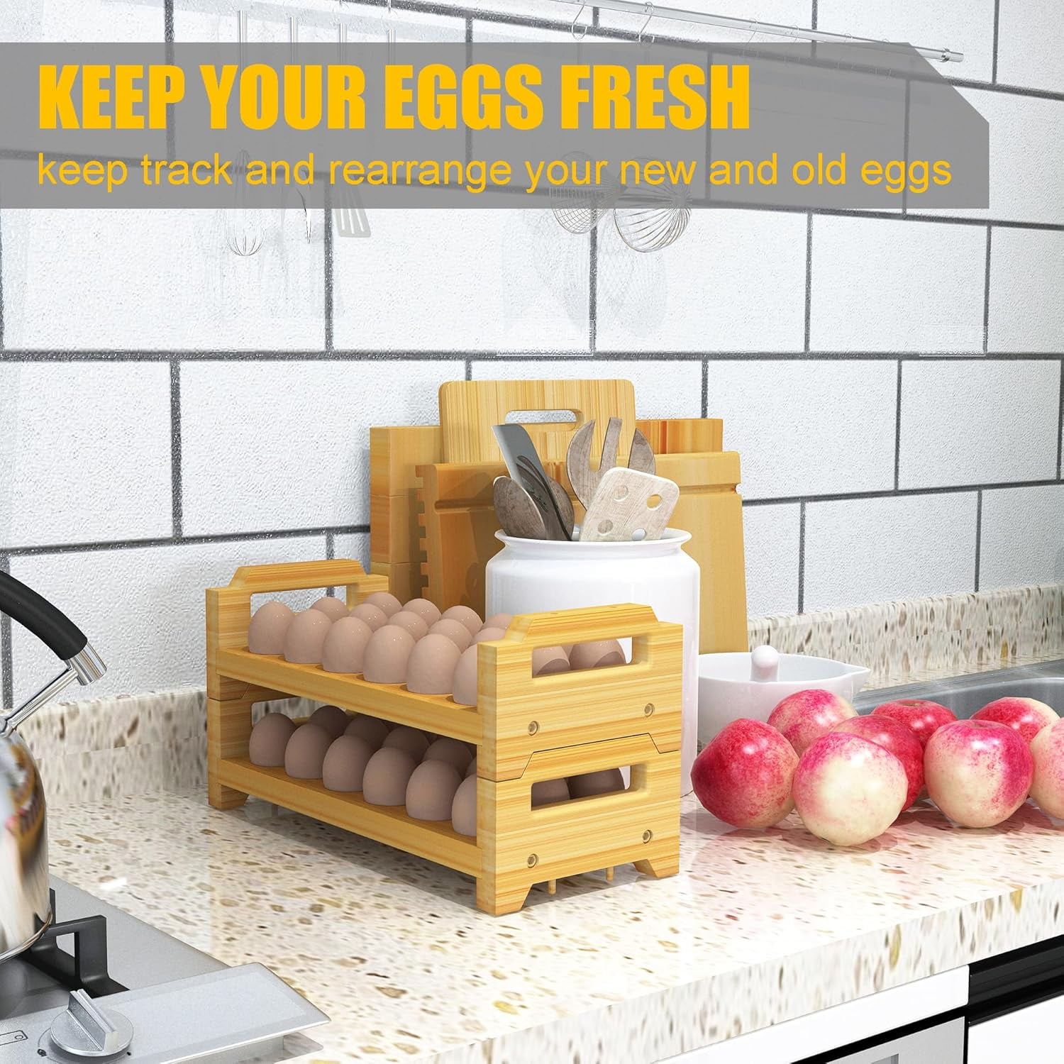 Bamboo Egg Holder Countertop Stackable Design for Fresh Eggs Farmhouse Egg Tray Storage Display Rack Kitchen Counter Top Organizer Wooden Egg Stand Fits Quail Duck Turkey Chicken Eggs (Modern)