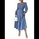 thumbnail image 2 of Vestidos de Invitada de Boda de Otoño para Mujer, con Mangas Largas Abullonadas, Fruncido, Cuello Redondo, Informal, Escalonado, Corte A, Vestido Fluido Azul L, 2 of 7