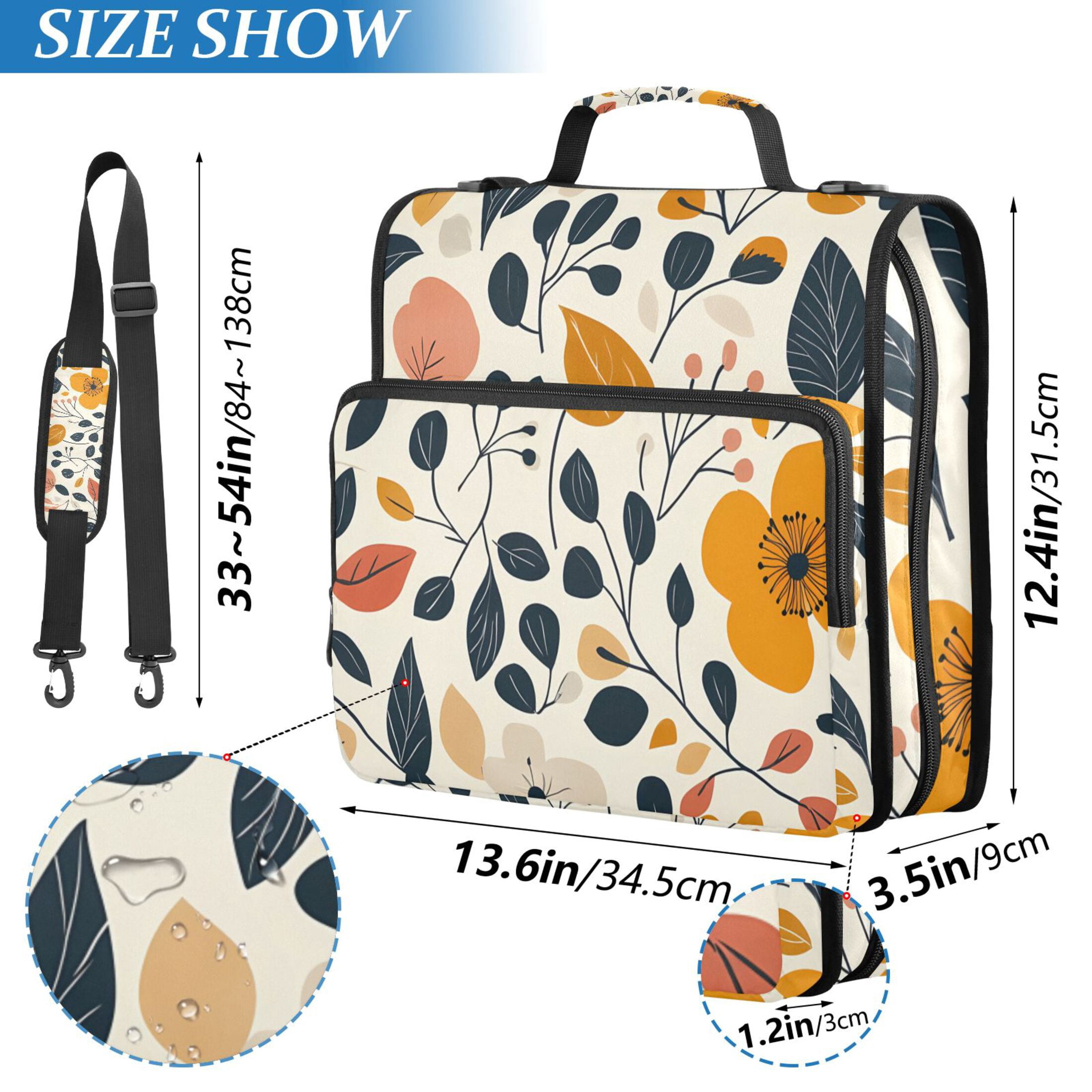 3 Ring Zipper Binder with Shoulder Strap Waterproof Trapper Keeper 2 Inch D-Ring 500 Sheets Capacity Hand Drawn Flower Leaf