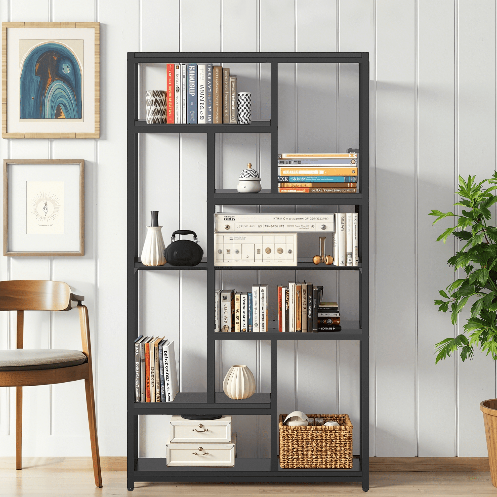 MAYEERTY Industrial Extra Tall Bookcase, 79 Inch 10 Open Staggered Storage Shelves with Anti-Tip Accessories for Living Room & Office
