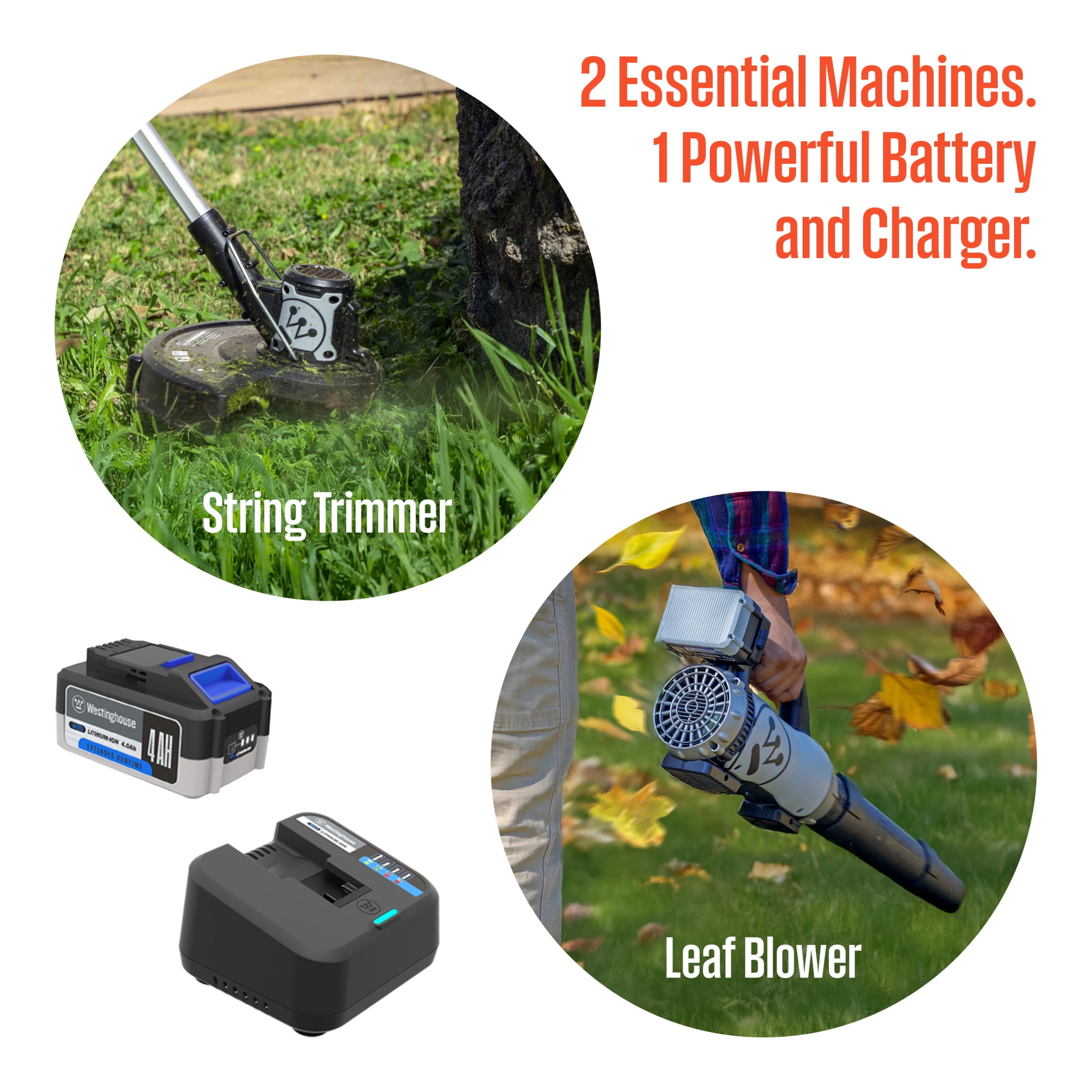 Westinghouse 20V Cordless Leaf Blower, 350 CFM, 110 MPH + 2-in-1 Cordless String Trimmer and Edger, 12 Inch Cutting Path with 4.0Ah Battery and Charger