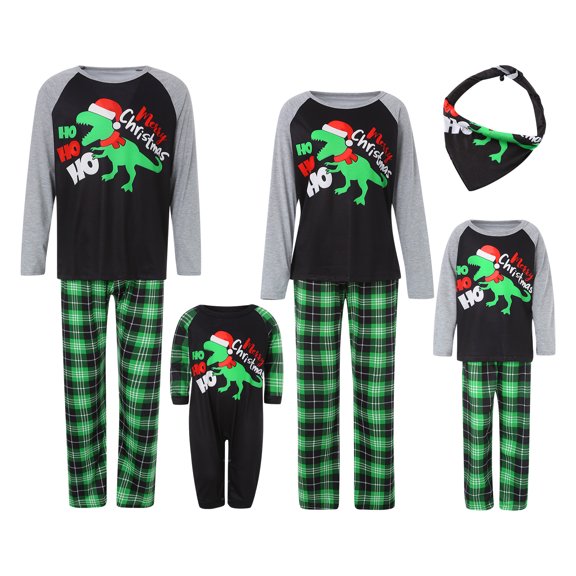 Liacowi Matching Family Christmas Pajamas Plaid Holiday Sleepwear Cute Dinosaur Print Long Sleeve Pants Set