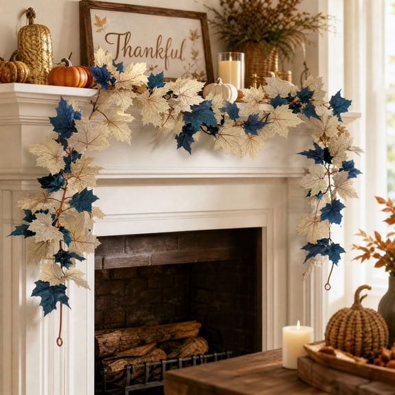 Fall Decor White Blue Garland 5.74FT Long Thanksgiving Garland Maple Leaves Wreath Hanging Vines Decor for Front Door Kitchen Fireplace Home Indoor Outdoor