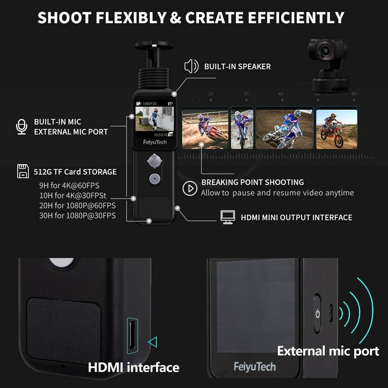FeiyuTech Feiyu Pocket 2S Wearable 3-Axis Gimbal Stabilizer Action Camera,  HD 4K Video, 130° View, 60FPS