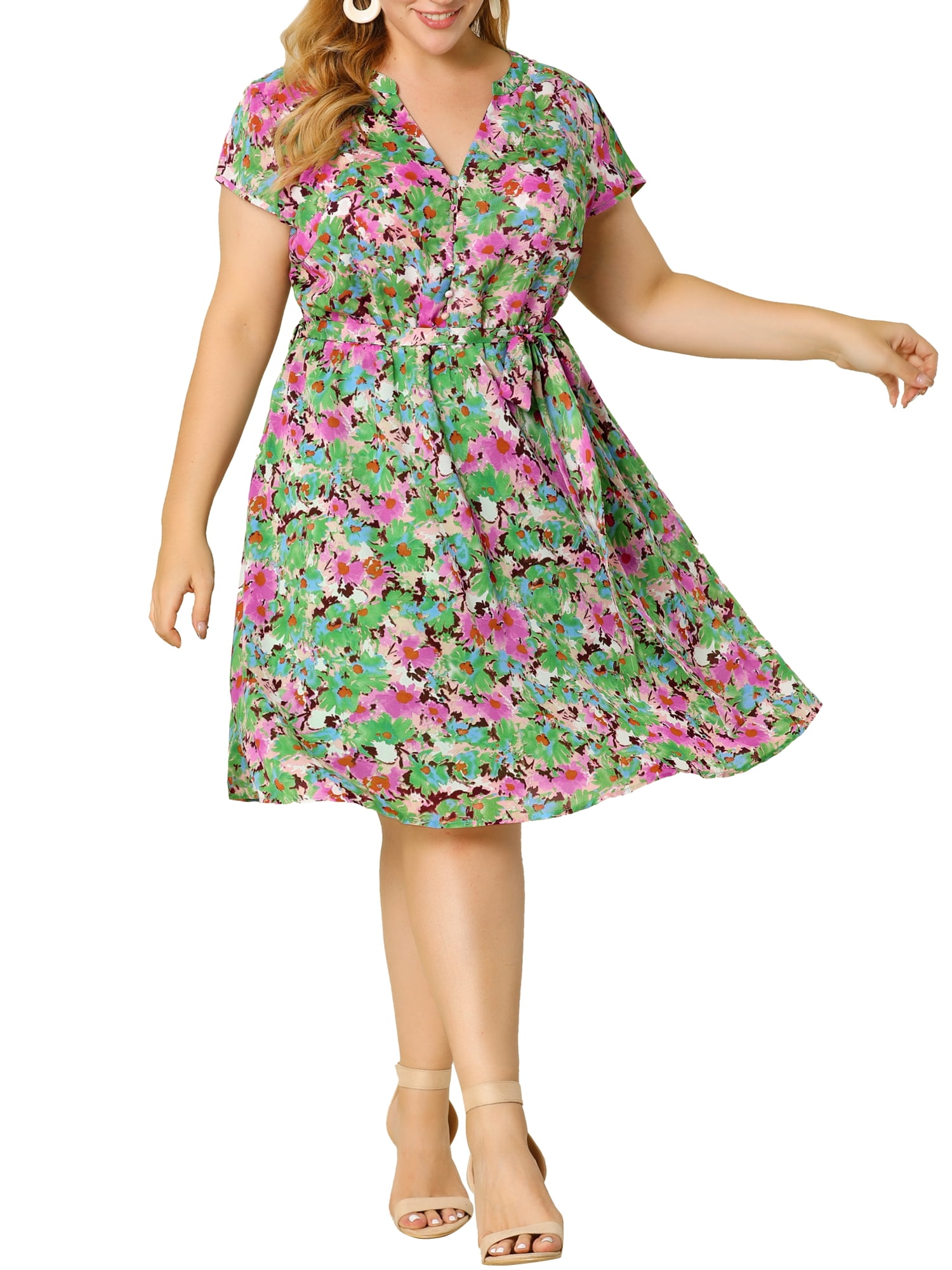 DARING DIVA  Plus Size Floral V Neck Tie Belted Dress 1X Olive Green