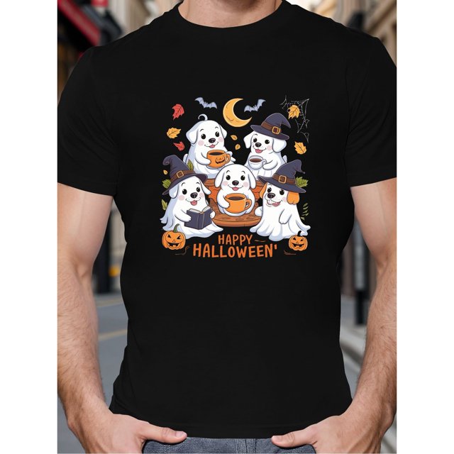 Camiseta de Halloween - 100 % algodón, cuello redondo, ligeramente elástica, manga corta, estampado de fantasmas, estilo informal de verano, lavable a máquina.