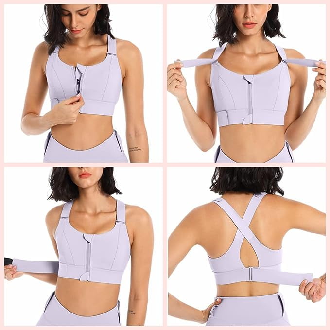 Womens High Impact Sports Bra Front Zipper Closure Adjustable
