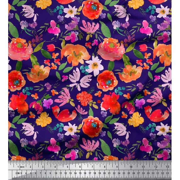 Soimoi Cotton Duck Fabric Flower & Leaves Watercolor Print Fabric by The Yard 56 Inch Wide