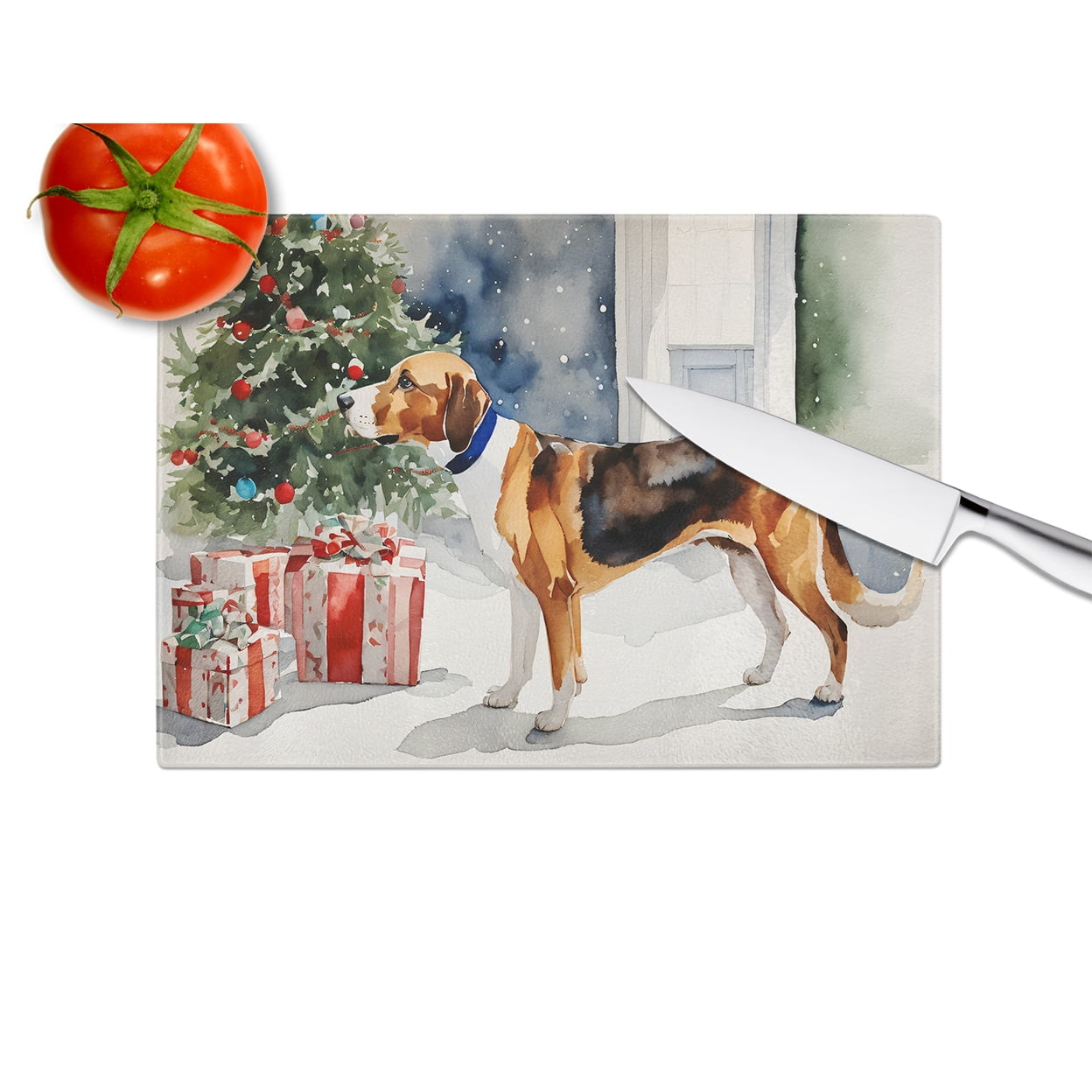 English Foxhound Cozy Christmas Glass Cutting Board Large 12 in x 15 in