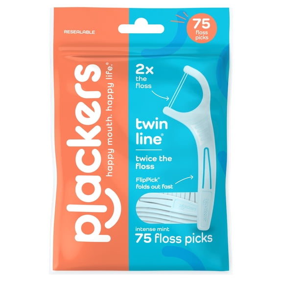 Plackers® Twin Line® Floss Picks with Tuffloss® Fiber & FlipPick®, Intense Mint, Double-Line Flosser for Effective Plaque Removal, 75 Count