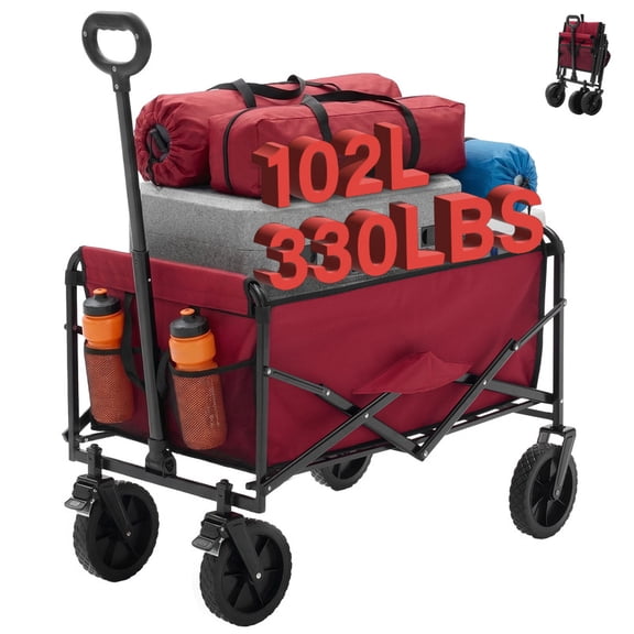 Simenmax Collapsible Utility Wagon, 330 lbs Capacity Heavy Duty Pull Cart with Lockable Wheels, Adjustable Handle for Beach, Camping, Grocery & Garden, Red