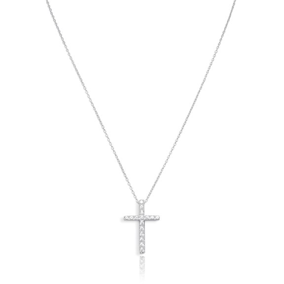 CZ Cross Pendant Necklace in White Gold Finish, 16" 2"