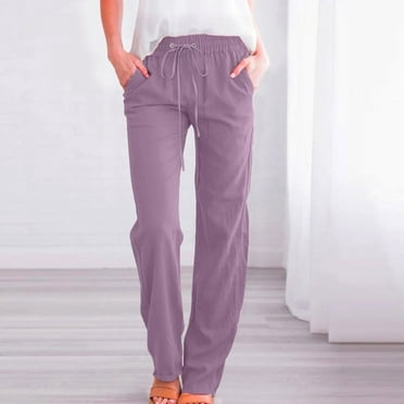 FAVIPT Ladies Linen Pants Straight Leg Casual Summer Relaxed Fit Elastic Waist Comfy Lounge Long Trouser with Pockets 2025