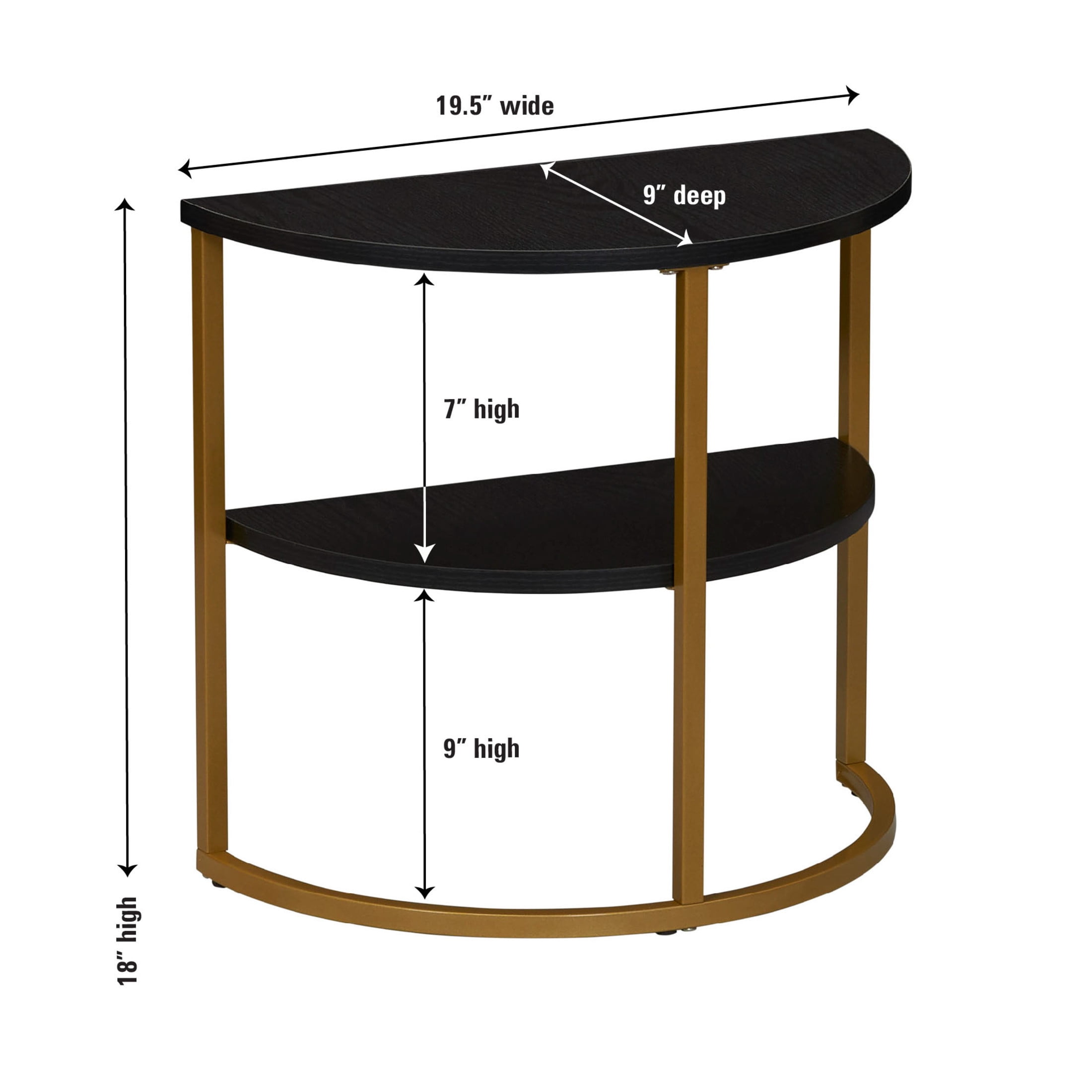 Household Essentials Half Moon Side End Table with Storage Shelf Black Oak Wood Grain and Gold Metal