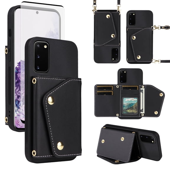 Furiet Wallet Case for Samsung Galaxy S20 5G 6.2 inch with Tempered Glass Screen Protector Slim Flip Purse Shoulder Strap, Card Holder Stand Phone Cover for S 20 20S UW S2O G5 Women Men Black