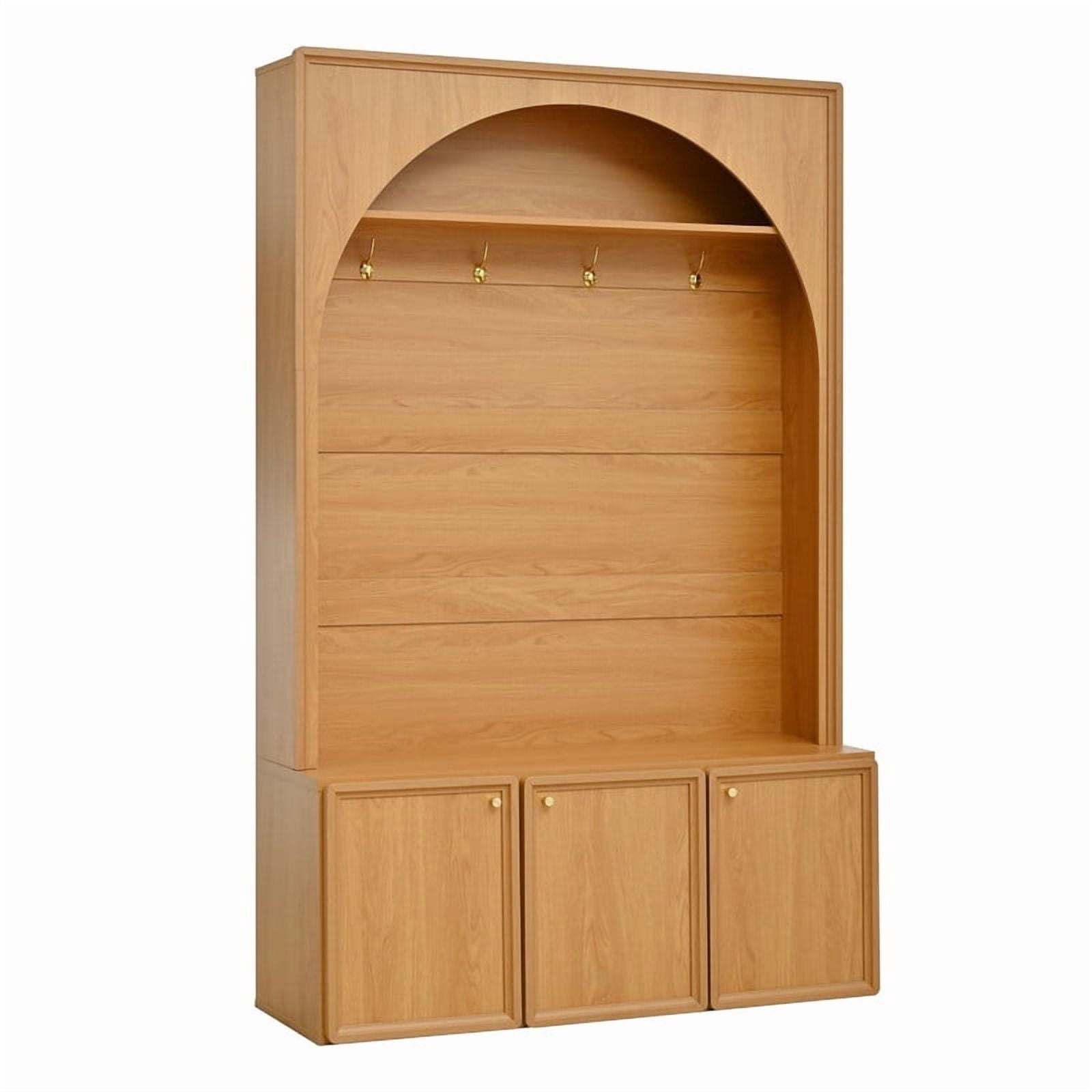Farmhouse Arched Design Hall Tree with Adjustable Shelves, Entryway Storage Bench with 3 Cabinets, Mudroom Coat Rack Organizer with 4 Golden Hooks