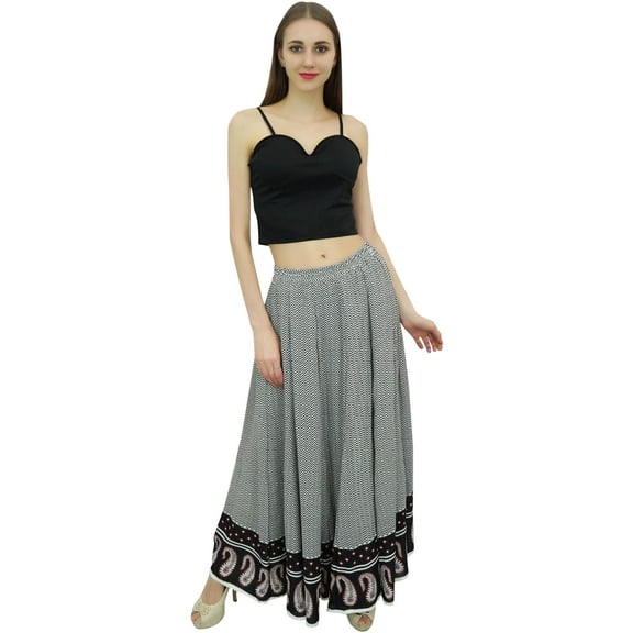 Bimba Women's Block Printed Cotton Elastic Waist Maxi Summer Skirt-S