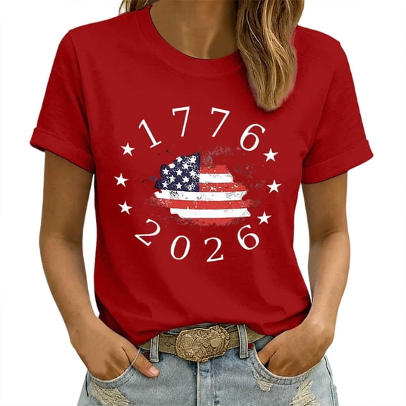 Rggeeun Womens Tees Stars With Stripes & 1776-2026 Letter Print Celebrate America'S 250Th Anniversary Short Sleeve Crew Neck For 4Th Of July Festive Celebration Nautical Style Tops,Red,Xxxxl
