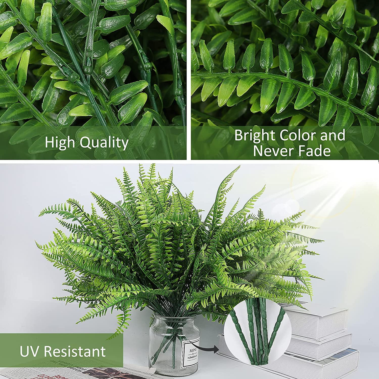 Asisol 8Pcs Artificial Boston Fern Plants Outdoor UV Resistant Artificial Shrubs Greenery Fake Leaves Plants Bushes Office Porch Garden Outdoor Decor (Green)