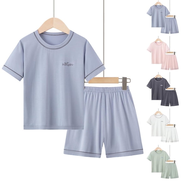 Ahuyic Toddler Kids Casual Fashion Outfits, Spring And Autumns Solid Color Top And Pants Set For Kids, Children's Short Sleeved Round Neck Top Set Elastic Waist Shorts Children's Summer Casual Set