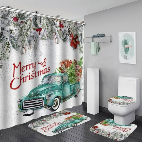 4Pcs Merry Christmas Shower Curtain Sets Christmas-themed Shower Curtain