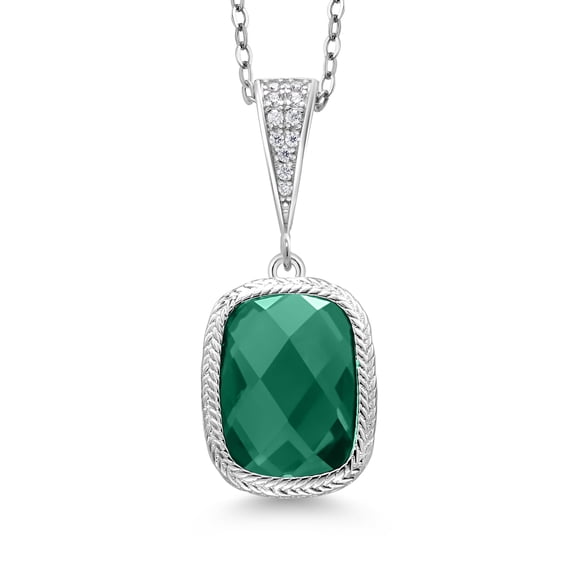 Gem Stone King 925 Sterling Silver Green Nano Emerald Pendant Necklace for Women (2.30 Cttw, 13X9MM Cushion Checkerboard Cut, 18 inch Chain)