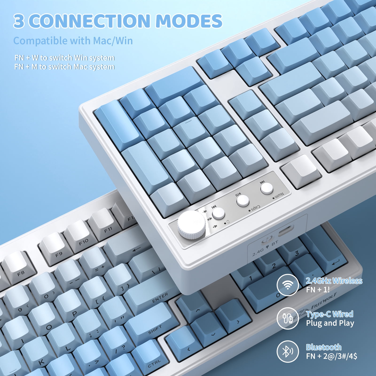 Freewolf-ZIYOULANG K100 99 Keys Gaming Membrane Wireless Tri-Mode BT/2.4GHz/USB-C Computer Keyboard with Media Knob & Side Printed Keys, Blue