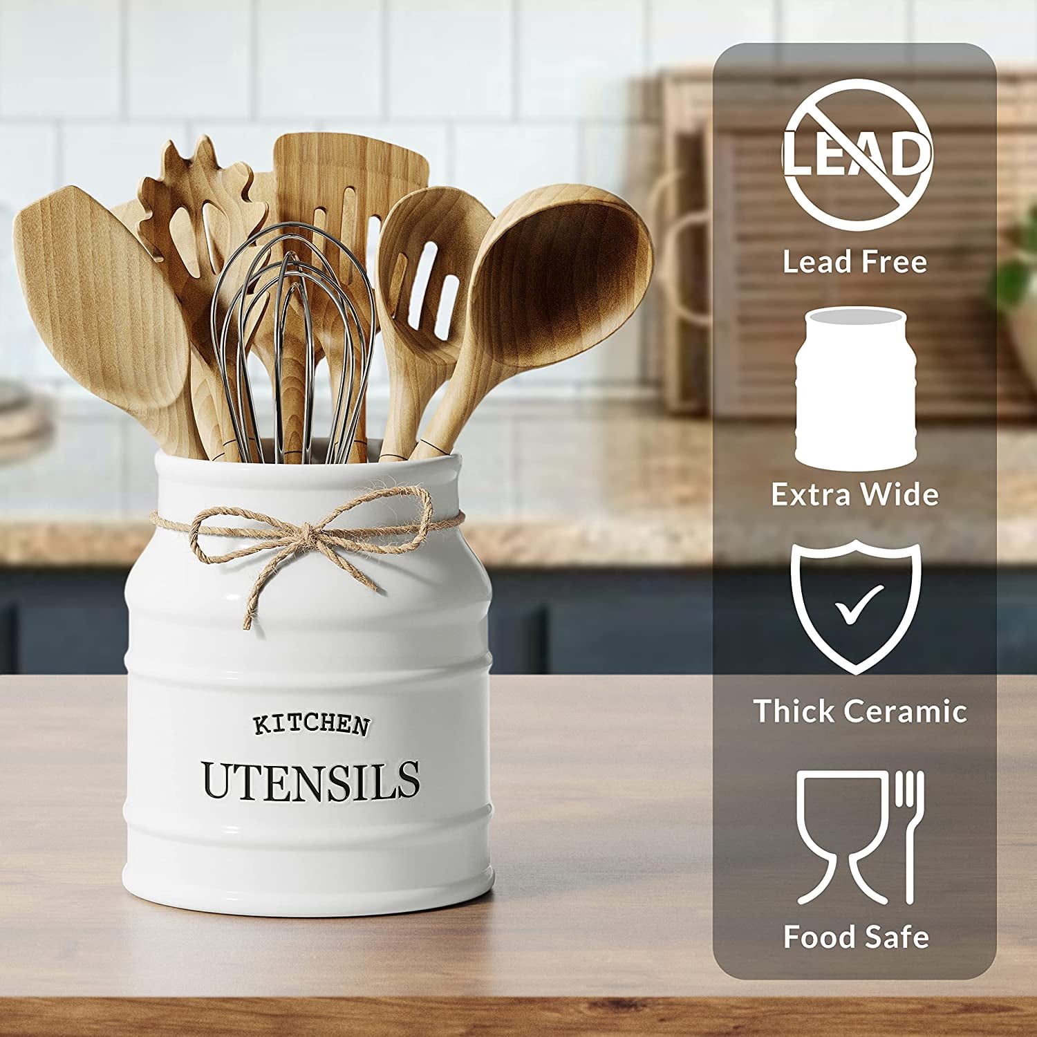 Ceramic Farmhouse Utensil Holder for Kitchen Counter, Large Rustic Utensil Crock, Countertop Cooking Tool Spatula Organizer, 6.75” (White)