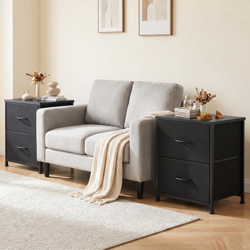 Kelno 2PCS Nightstand 2-Drawer Fabric Storage Dresser Small Bedside Table Wood Top, Black