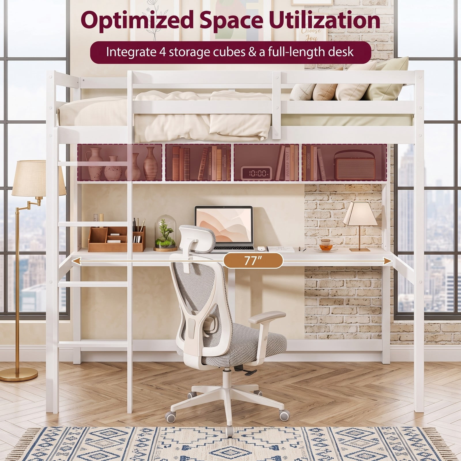 Furnibear Twin Size Loft Bed with Desk and Shelves for Home Dorm Apartment, Space-Saving Wood High Loft Bed with Ladder, No Box Spring Needed, White