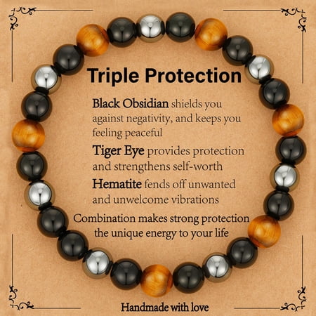 APSVO Natural Healing Crystal Bracelets for Men Triple Protection Energy Hematite Tiger Eye Black Obsidian Bracelet Birthday Graduation Fathers Day Jewelry Gifts Teen Him Dad Adults Age Ideas