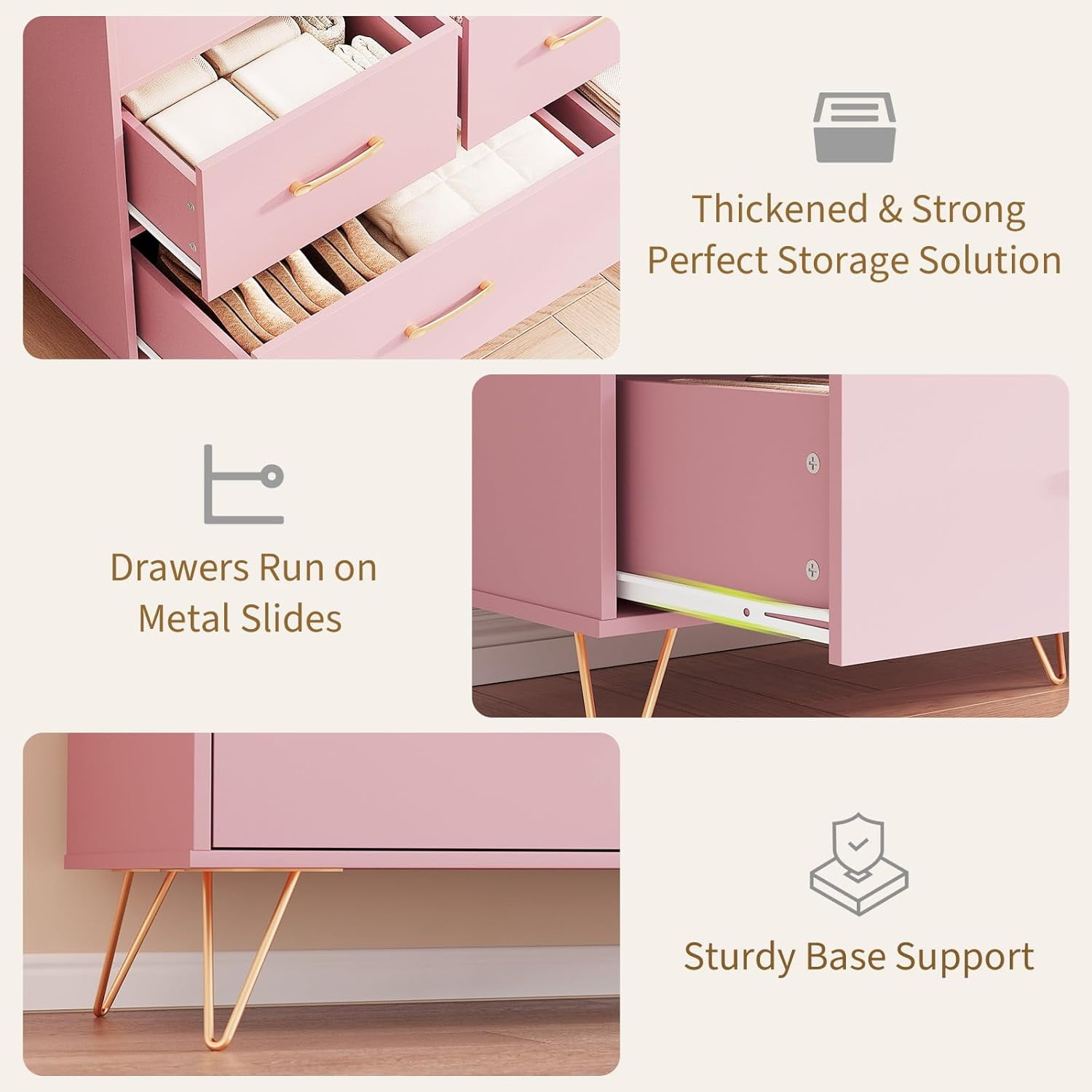 5 Drawer Dresser for Bedroom, 47 in Modern Wooden Dresser with LED Lights & Charging Station, Wide Chest of Drawers Storage Organizer for Nursery Hallway Apartments, Pink