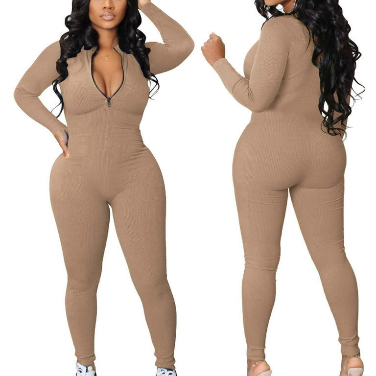 Sexy Solid Color Long Sleeve Deep V Bodycon Rompers Womens Jumpsuit Sport  Suit Fashion Zip Up Long Pants Overalls Fitness Set - Jumpsuits, Playsuits  & Bodysuits - AliExpress