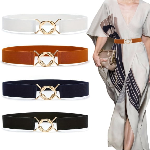 4 PACK Women Skinny Elastic Waist Belt Stretchy Thin Belt for Dress Jeans ,Gold , Black, White, Brown, Blue