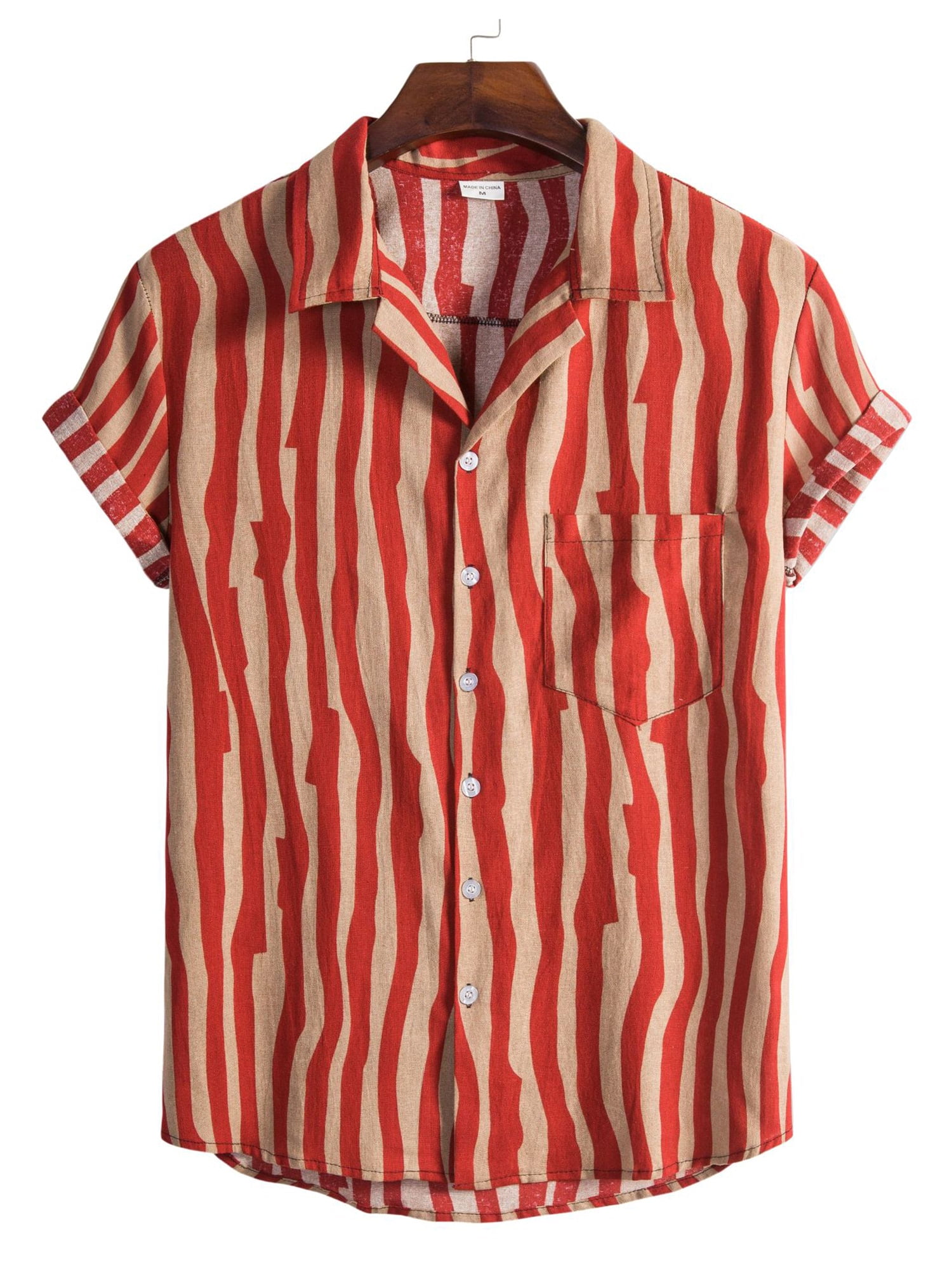 Men/'s Shirts Casual Short Sleeve Regular Fit Striped Print Button Down Shirts Cuban Collar Poplin Summer Beach Tops