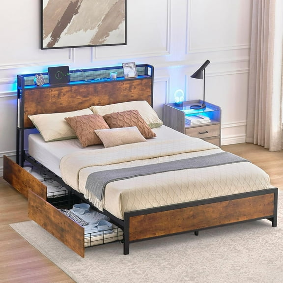 Queen Bed Frame with Charging Station & LED Lights, Storage Headboard & 4 Drawers, Metal Platform Frame, No Box Spring Needed, Vintage Brown