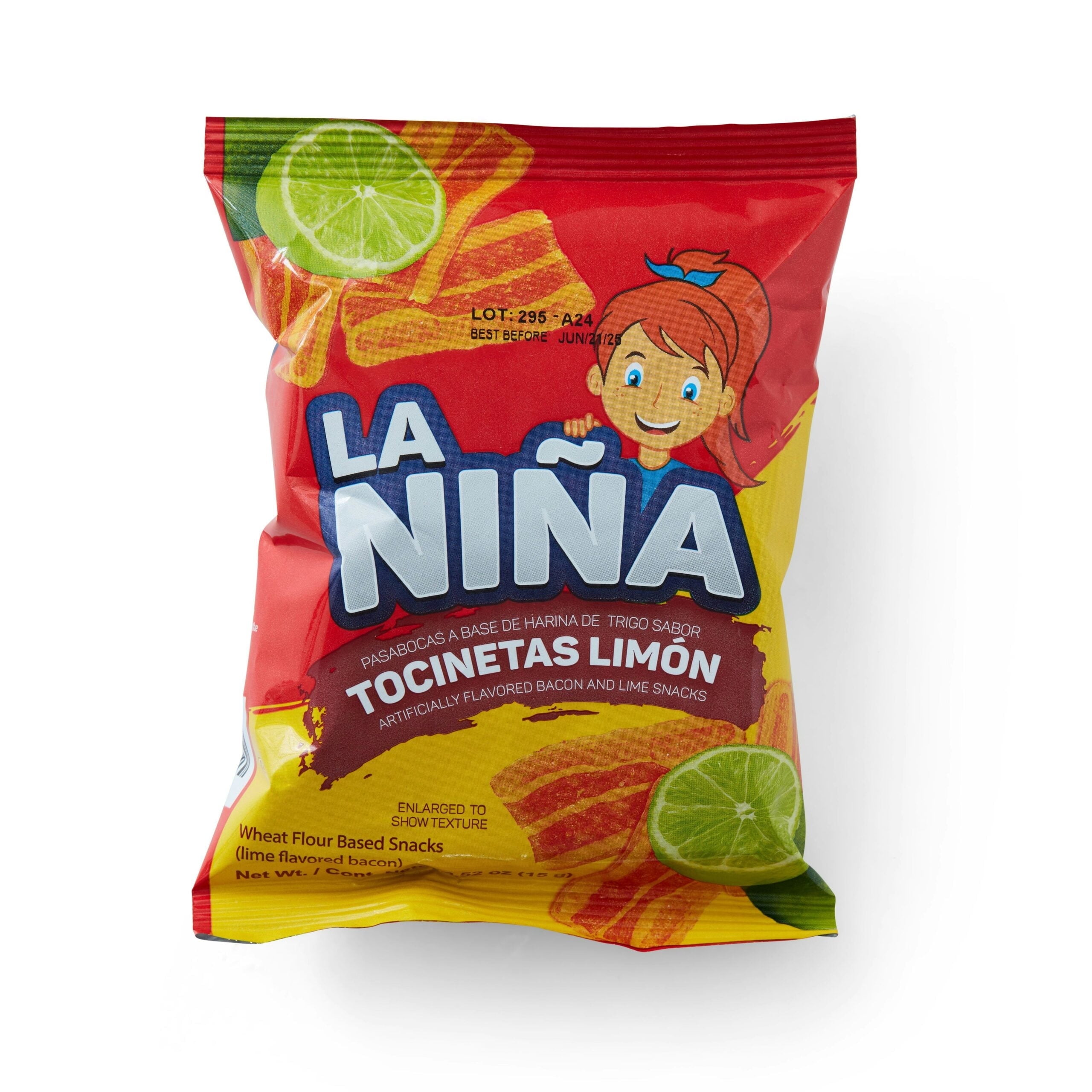 La Niña Tocinetas Sabor Limón – Bacon Flavored Chips (Pack of 12, 15g) – Imported from Colombia