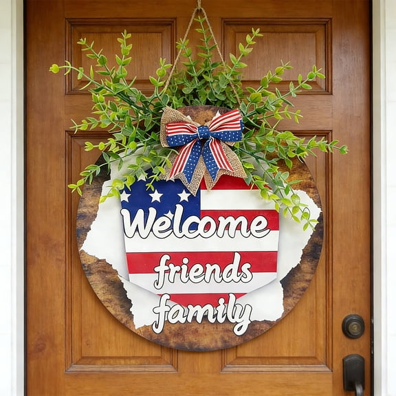 4th of July Patriotic Welcome Door Sign,American Flag Star Wooden Hanging Decor for Independence Day Decorations,America 250th Anniversary Patriotic Door Sign 4th of July Wreath for Front Door Hanger