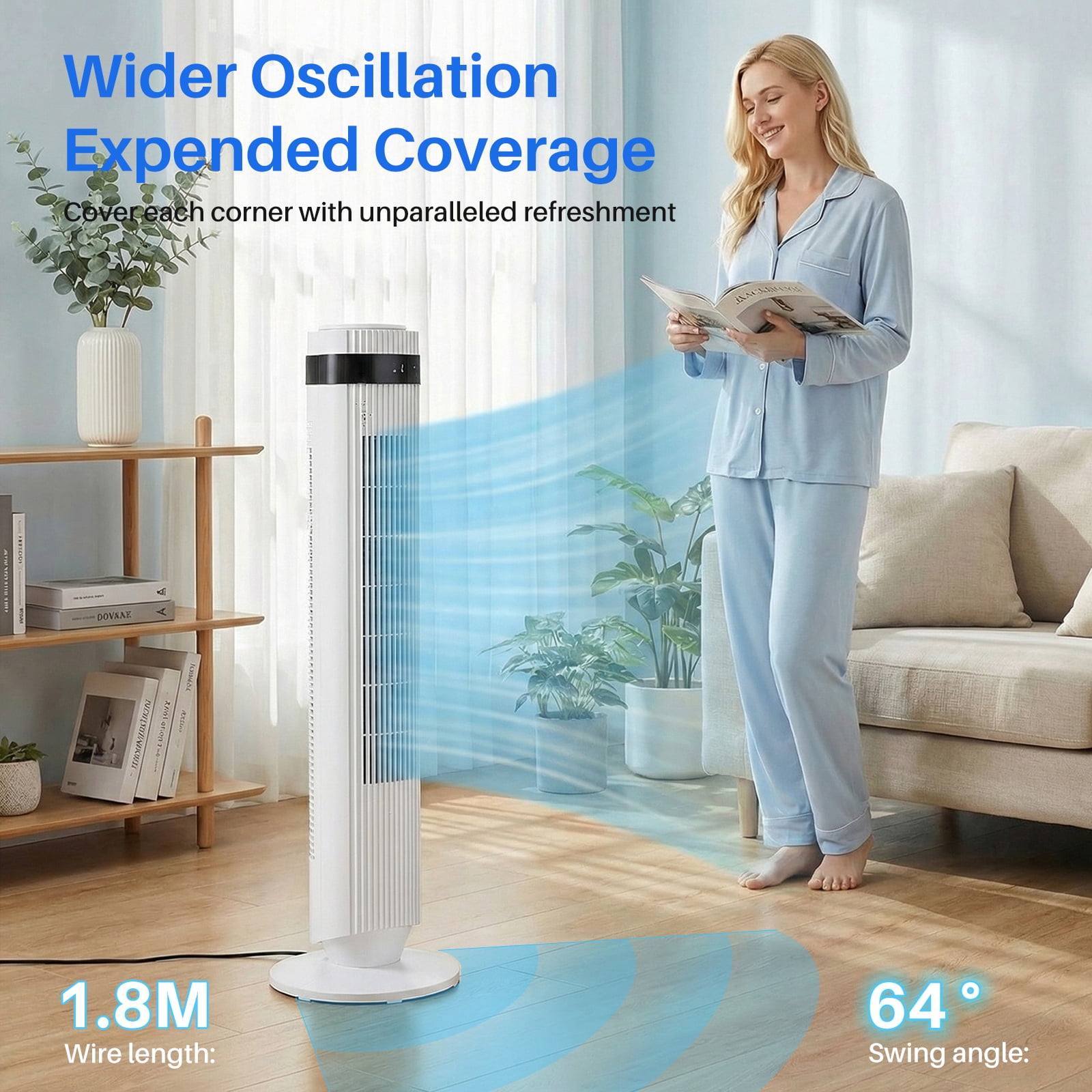 EDX Bladeless Tower Fan for Bedroom, 25ft/s High Velocity 28dB Quiet DC Fan, 5 Speeds 4 Modes, 12H Timer 64°Oscillating, Remote Standing Fan for Home Office Indoor, White