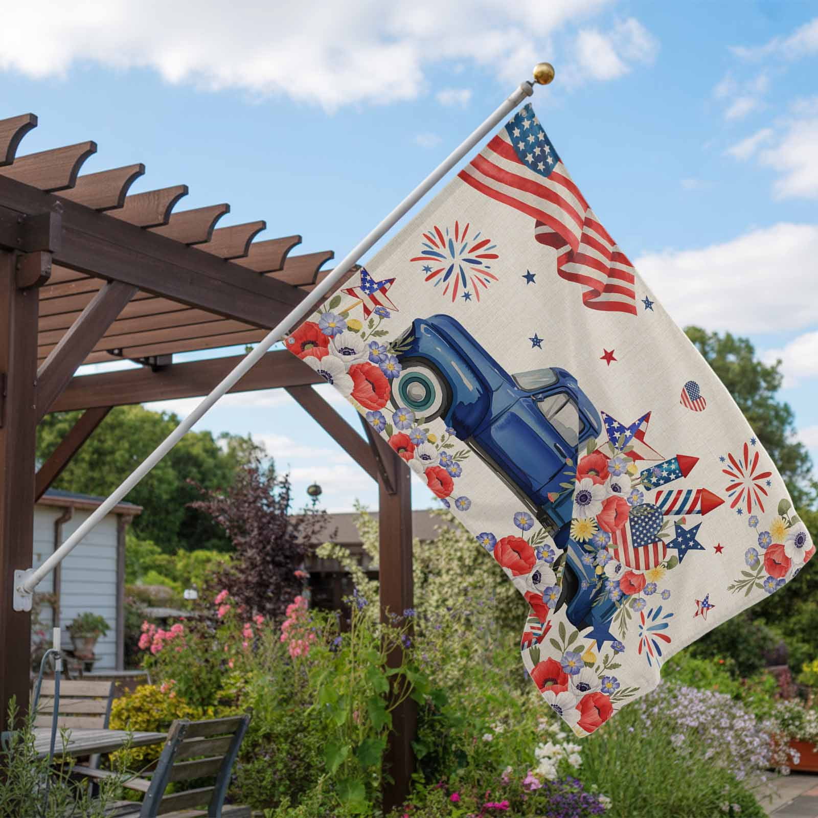 4th of July Flags for Outside 3x5 ft Fireworks Poppy Truck Outdoor Flags Double Sided Grommets USA Flag Patriotic Stars Stripes Patio Yard Flag for Outdoor Party Porch Independence Day