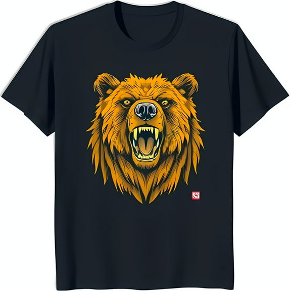Bold Black T-Shirt with Fierce Bear Graphic Snarling Face Design