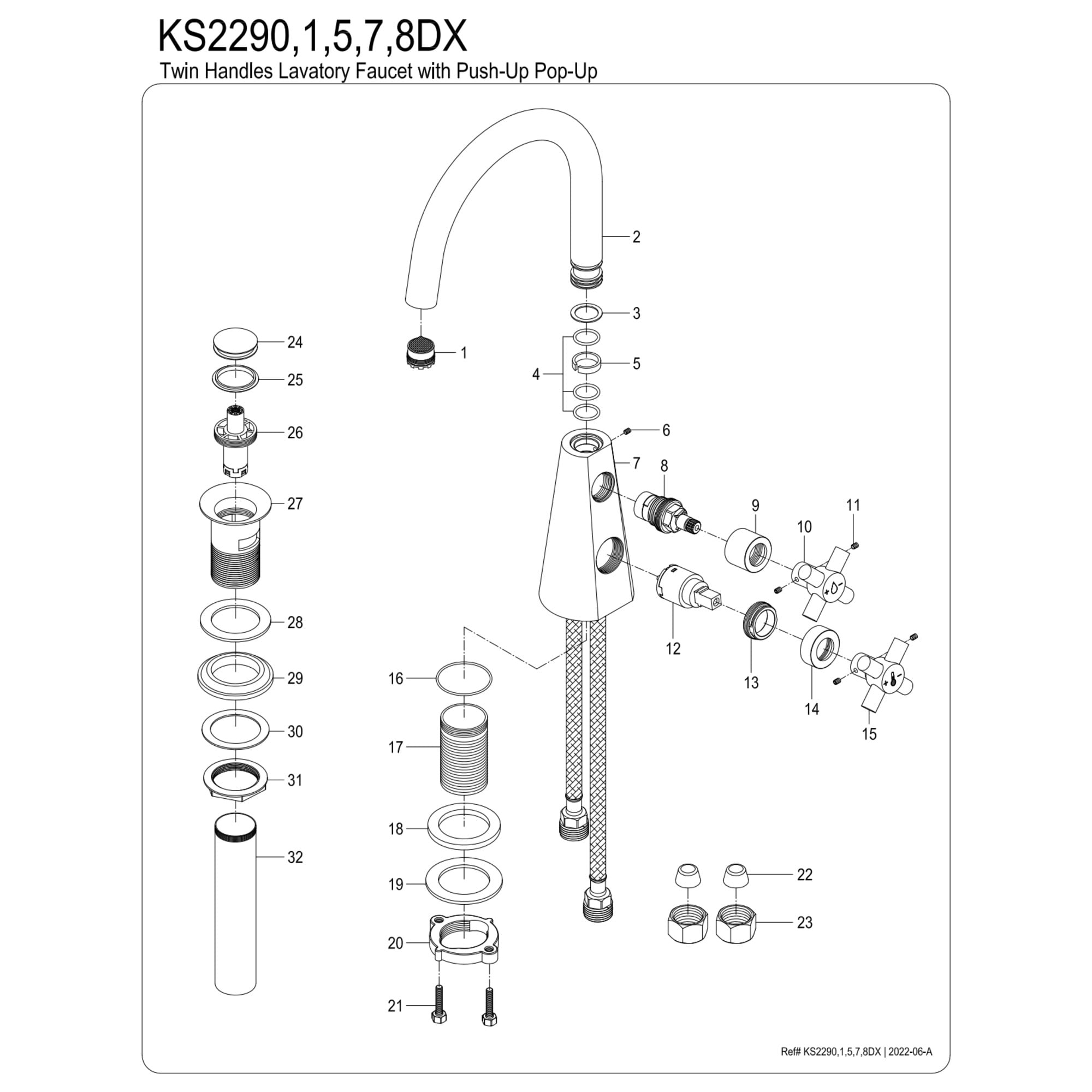 Kingston Brass KS2290DX Constantine Two-Handle Single-Hole Bathroom Faucet with Push Pop-Up Drain, Matte Black