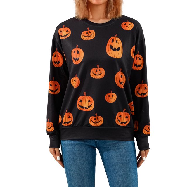 VISgogo Mujer Primavera Otoño Casual Pullover Manga Larga O Cuello Estampado De Calabaza Sudadera VISgogo moda