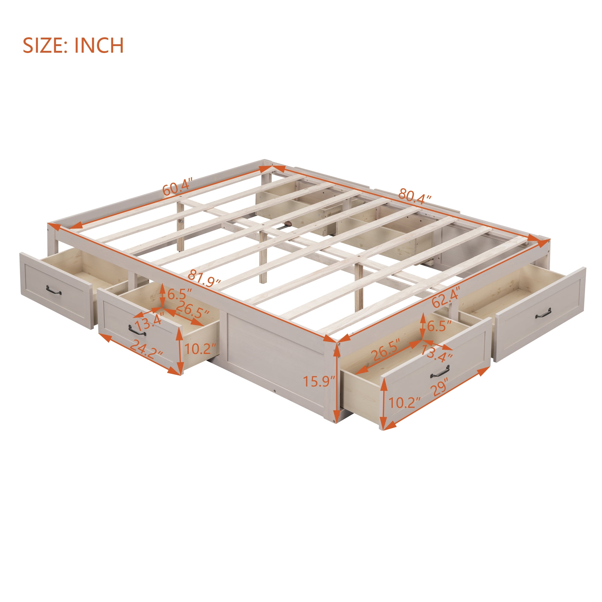 Euroco Wood Queen Size Platform Bed with 6 Drawers for Kids Teens Adults, Antique White