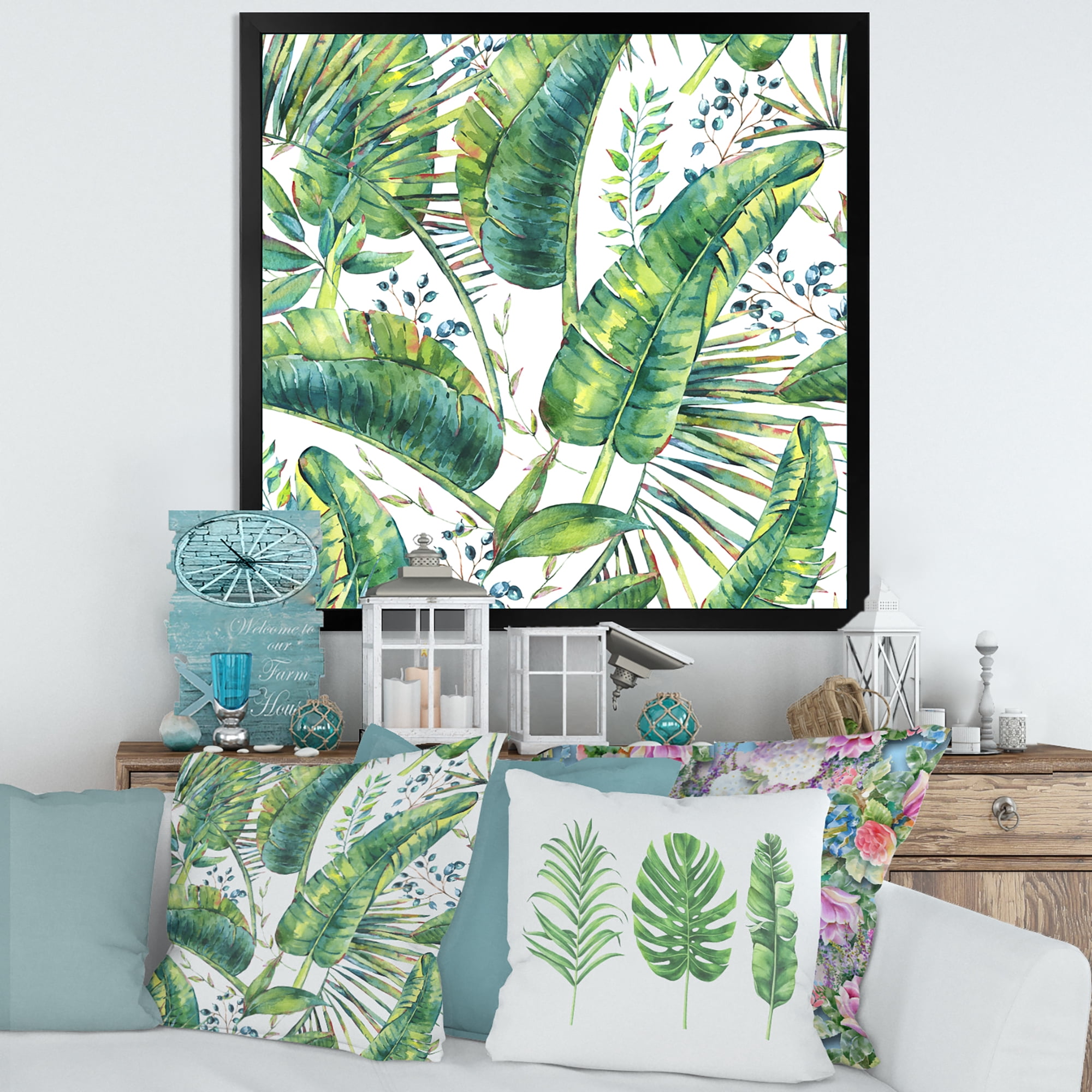 Designart 'Ancient Pattern Of Banana Leaves' Lake House Framed Art Print