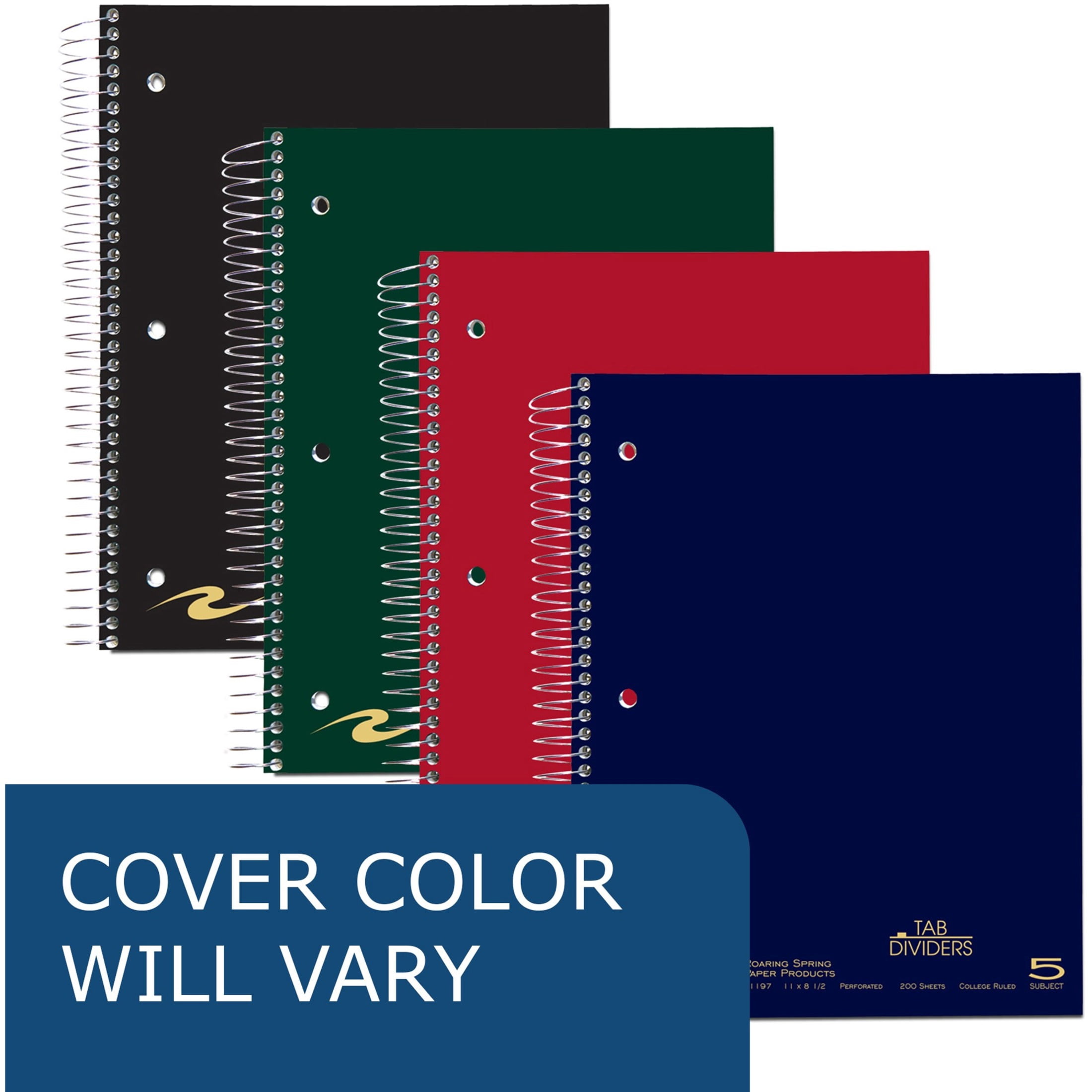 Roaring Spring Premium College Ruled Five Subject Spiral Notebook, 3 Hole Punched, 1 Case (12 Total), 11" x 8.5" 200 Sheets, Assorted Saranac Colors