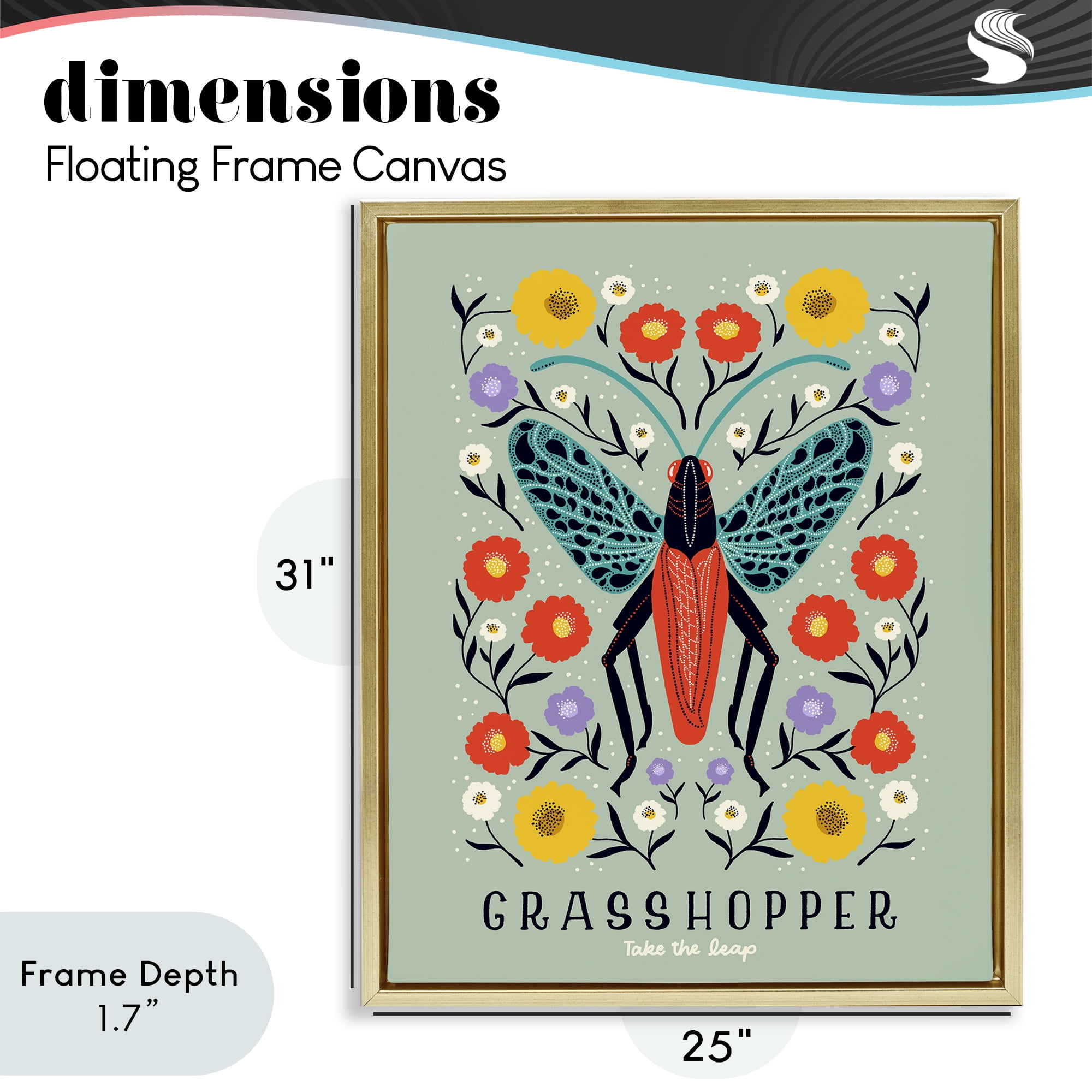 Stupell Industries Symmetrical Grasshopper with Blooms Gold Framed Floater Canvas Wall Art, design by Indira Prieto | IndySign